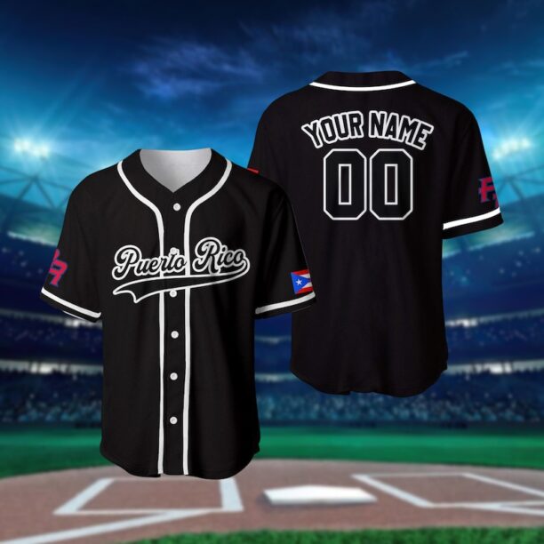 Personalized Team Name And Number Baseball Jersey, Custom Puerto Rico Black White Baseball Jersey