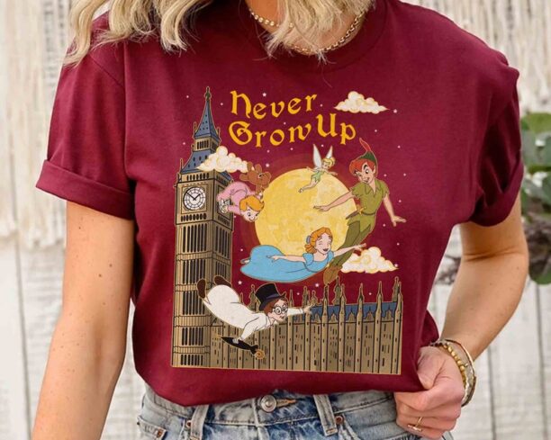 Peter Pan and Friends Never Grow Up Vintage T-shirt, Disney Tinker Bell Wendy Flight Neverland Tee