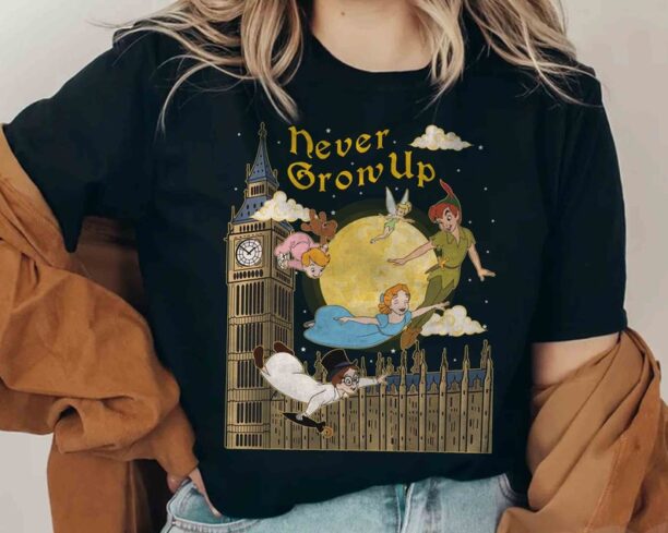 Peter Pan and Friends Never Grow Up Vintage T-shirt, Disney Tinker Bell Wendy Flight Neverland Tee