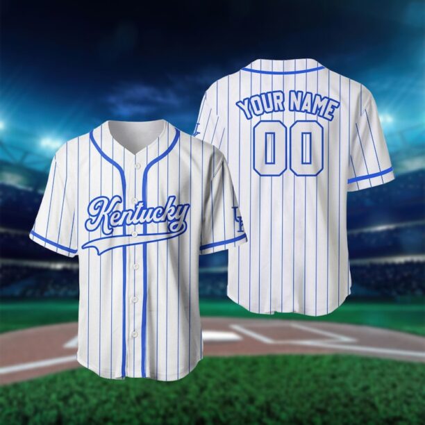 Personalized Team Name And Number Baseball Jersey, Custom Kentucky Blue Striped White Blue Baseball Jersey