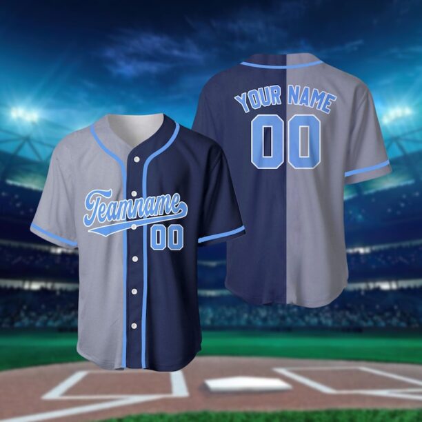 Personalized Team Name And Number Baseball Jersey, Custom Navy Light Blue Gray Split Fashion Baseball Jersey