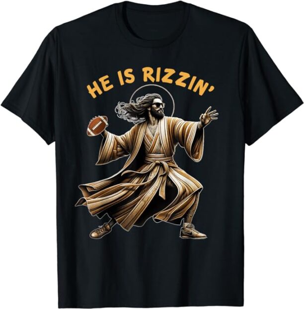 He is Rizzen Jesus Playing Football Funny Sports Rizz 2 T-Shirt