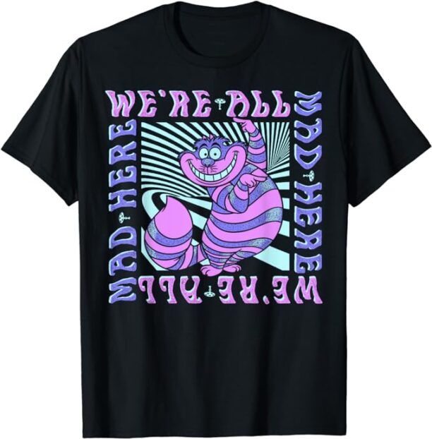 Disney Alice In Wonderland Cheshire Cat We're All Mad Box Up Short Sleeve T-Shirt