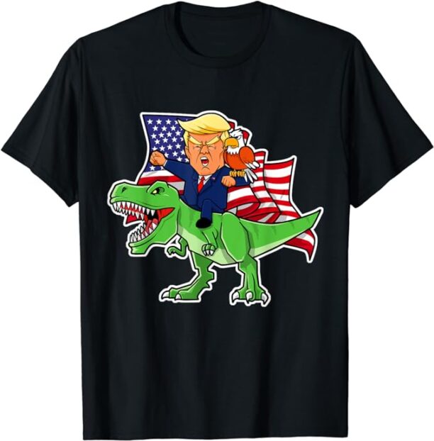 Trump Riding a Dinosaur TRex Funny Merica Patriotic July 4th T-Shirt