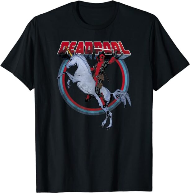 Marvel Deadpool Merc Riding A Unicorn Rainbow Circle T-Shirt