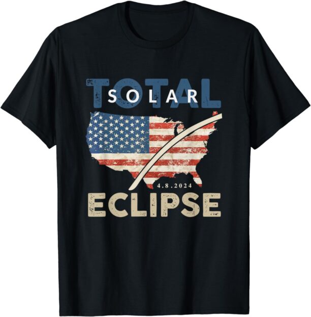 Total Solar Eclipse 04.08 2024 Path of Totality Map USA Flag T-Shirt