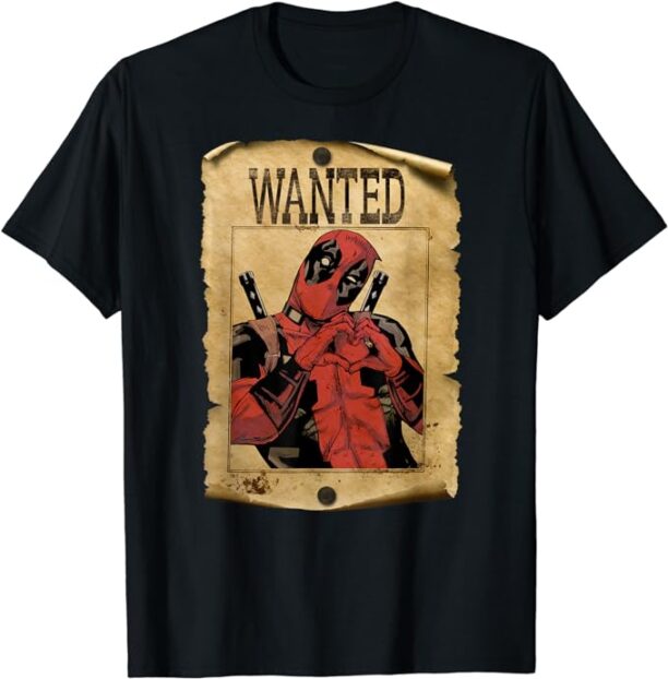 Marvel Deadpool Wanted Poster Hand Heart T-Shirt