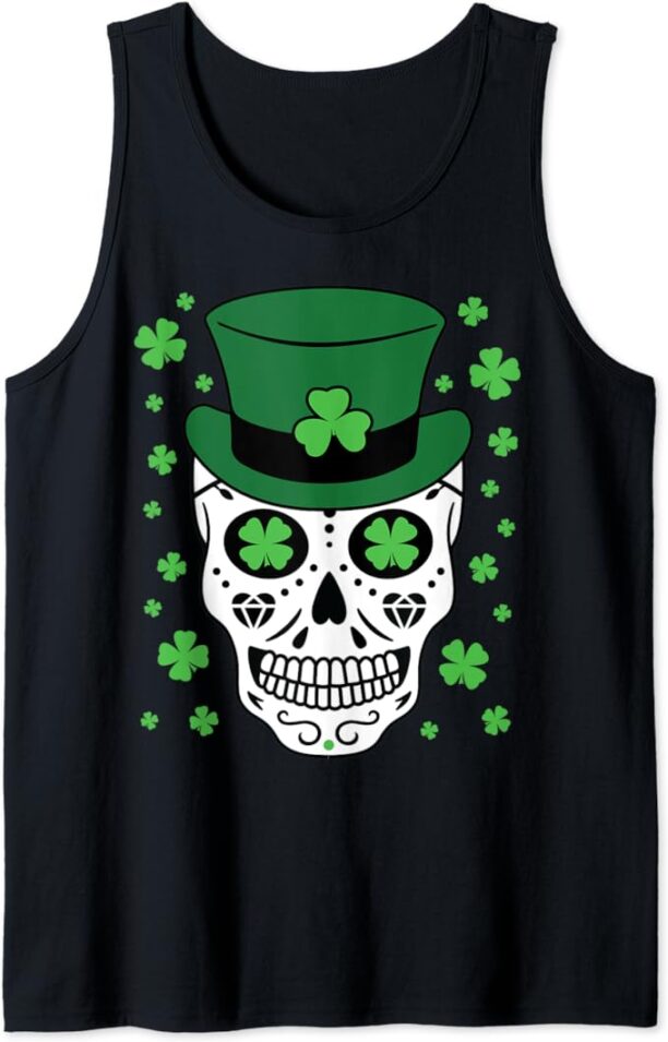 Sugar Skull St Patricks Day Of The Dead Skeleton Shamrocks Tank Top