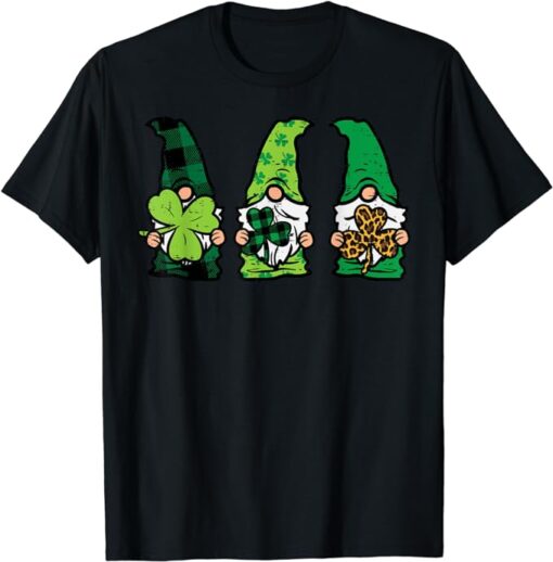 Three Nordic Gnomes Plaid Leopard Shamrock St Patricks Day T-Shirt