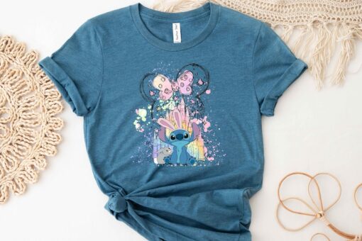 Disney Stitch & Bunny Watercolor Castle Shirt, Disney Stitch Shirt