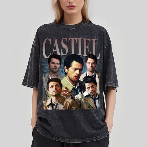 Castiel Vintage Washed T-Shirt,Actor Homage Graphic Unisex Long Sleeve