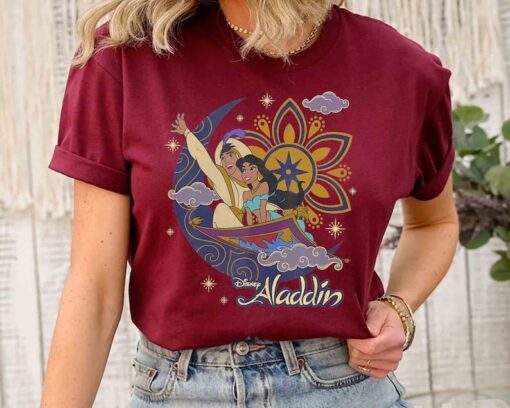 Disney Aladdin Cute Jasmine & Aladdin Flying Carpet Floral Poster Shir