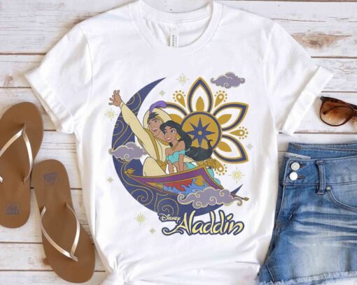 Disney Aladdin Cute Jasmine & Aladdin Flying Carpet Floral Poster Shir