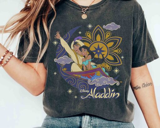 Disney Aladdin Cute Jasmine & Aladdin Flying Carpet Floral Poster Shir