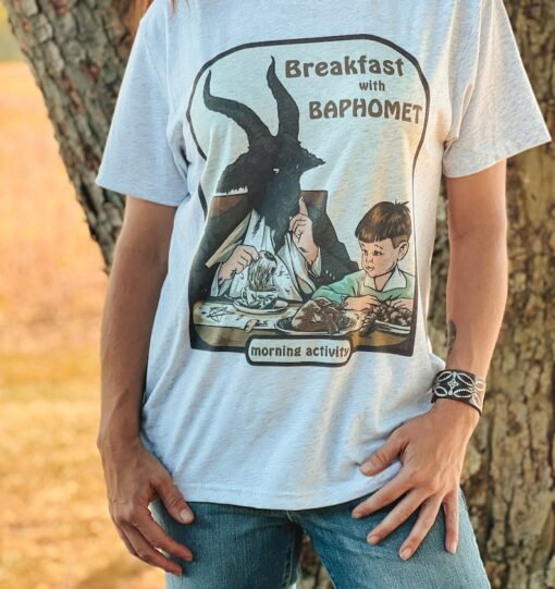 Breakfast with Baphomet Dark Humor Tee, Funny Occult Fall Shirt