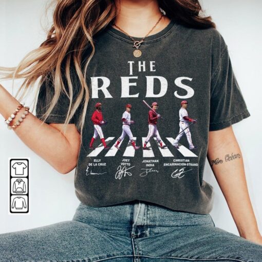 Reds Walking Abbey Road Signatures Baseball Shirt, Elly De La Cruz
