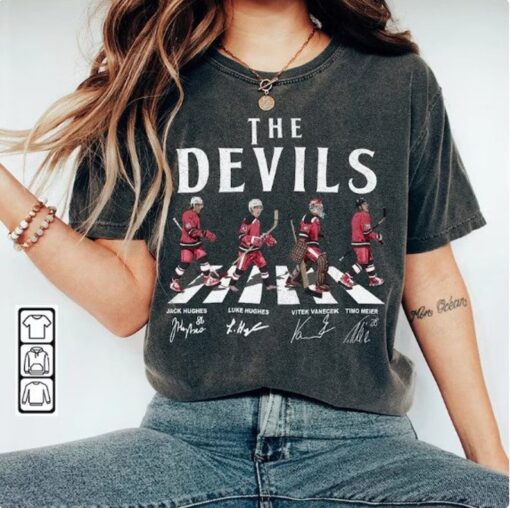 Devils Walking Abbey Road Signatures Ice Hockey Shirt, Jack Hughes