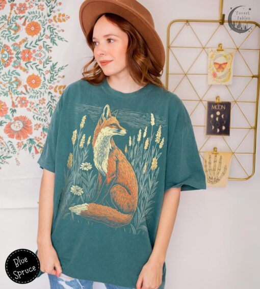 Linocut Fox Wildflower Field TShirt, Comfort Colors Tee