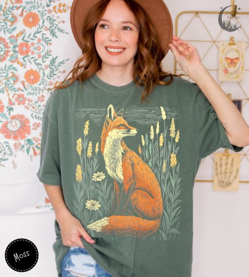 Linocut Fox Wildflower Field TShirt, Comfort Colors Tee