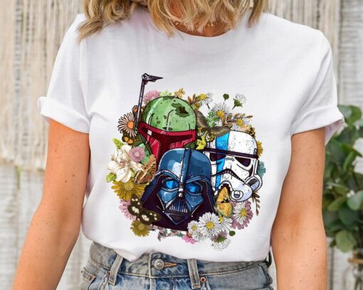 Star Wars Darth Vader Stormtrooper Boba Fett Helmet Floral Retro Shirt