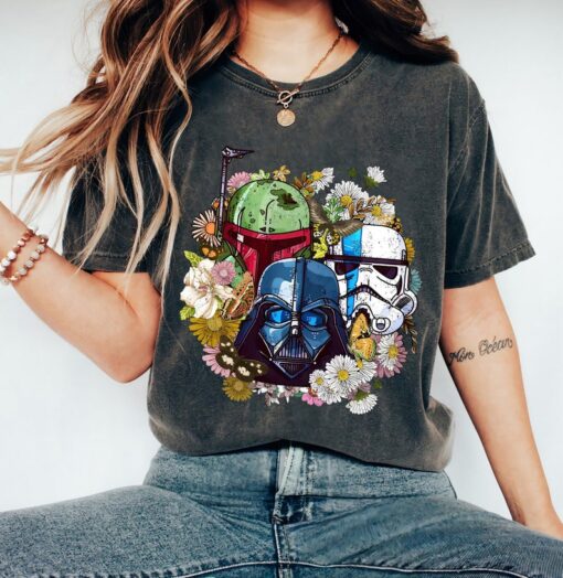 Star Wars Darth Vader Stormtrooper Boba Fett Helmet Floral Retro Shirt