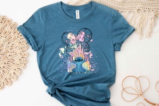 Disney Stitch & Bunny Watercolor Castle Shirt, Disney Stitch Shirt