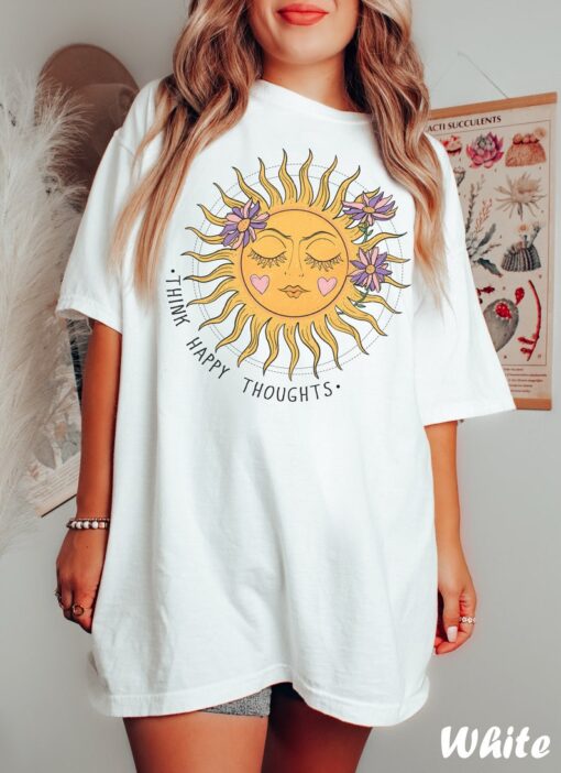 Retro Sun Shirt, Think Happy Thoughts Shirt, Comfort Colors Shirt