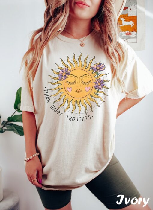 Retro Sun Shirt, Think Happy Thoughts Shirt, Comfort Colors Shirt