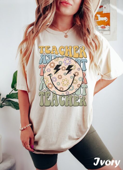 Comfort Colors Retro Teacher Shirt, Teacher Smiley Face Shirt