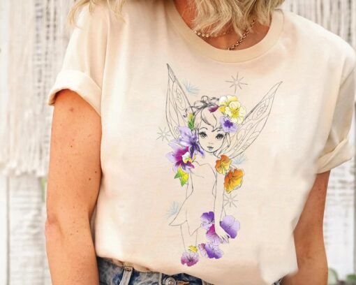 Disney Peter Pan Tinker Bell Outline Floral Sketch Portrait T-Shirt