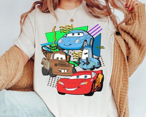 Disney Retro 90s Style Group Shot Pixar Cars Characters Squad Shirt