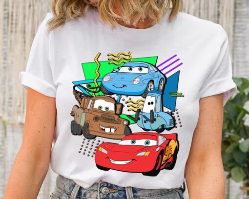 Disney Retro 90s Style Group Shot Pixar Cars Characters Squad Shirt