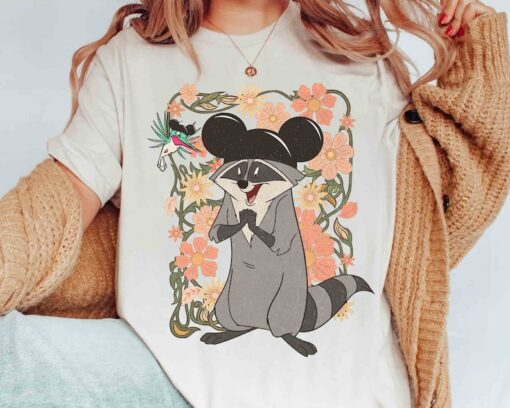 Cute Meeko Raccoon And Flit With Mickey Ears Floral T-shirt