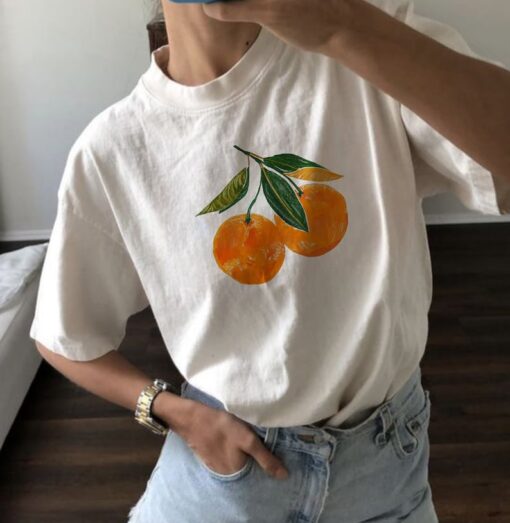 Vintage Orange Shirt Art Graphic Tee Fruit Shirt Pastel Drawing