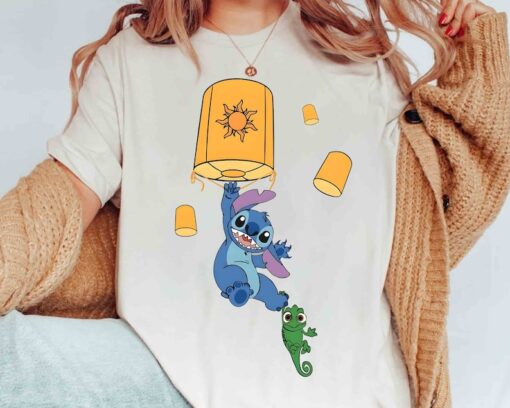 Cute Floating Lanterns Stitch and Pascal T-shirt