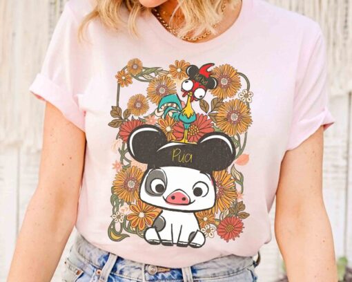 Vintage Hei Hei Rooster Pua Pig With Mickey Ears Floral T-shirt