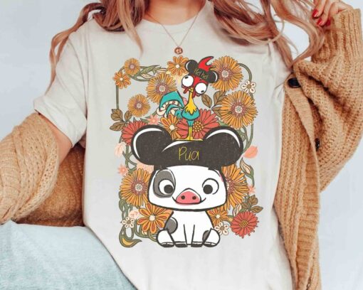 Vintage Hei Hei Rooster Pua Pig With Mickey Ears Floral T-shirt