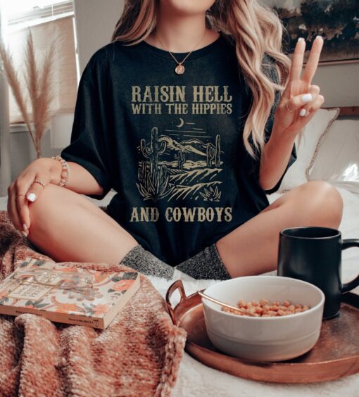 Western Raisin Hell With The Hippies Tshirt Graphic Oversized Tee Boho