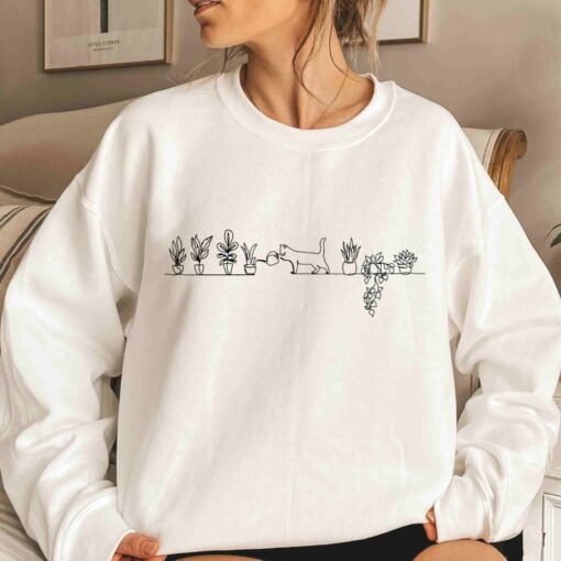 Cat Watering Plants Sweatshirt, Plant Lady Hoodie, Plants Sweatshirt