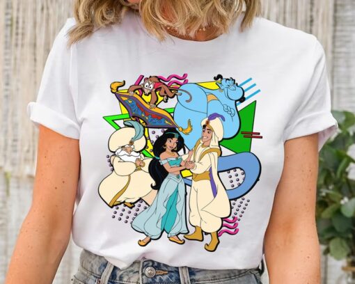 Disney Retro 90s Style Group Shot Aladdin Characters Squad Shirt