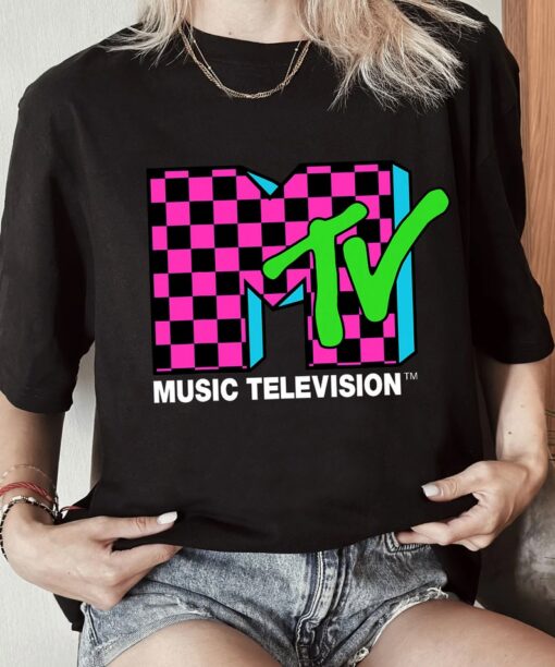 Classic MTV Logo Pink And Blue Checker Design T-Shirt, MTV Shirt