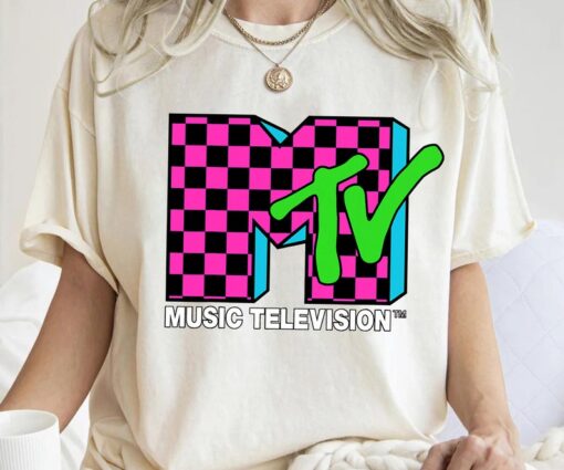 Classic MTV Logo Pink And Blue Checker Design T-Shirt, MTV Shirt