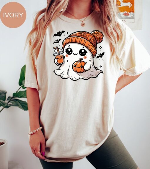 Cute Ghost Drinking Coffee Halloween Comfort Color T-shirt