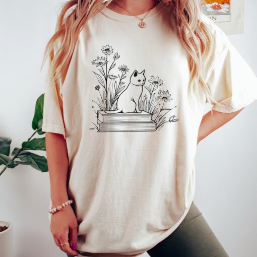 Floral Cat Shirt, Book Shirt, Cat Lover Shirt, Cat Book Shirt