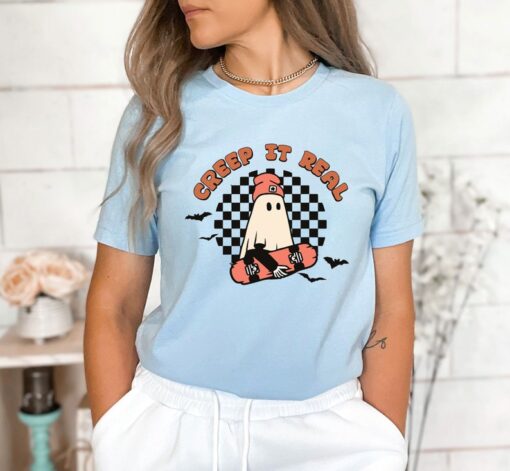 Creep It Real Halloween Shirt, Cute Skater Ghost Shirt