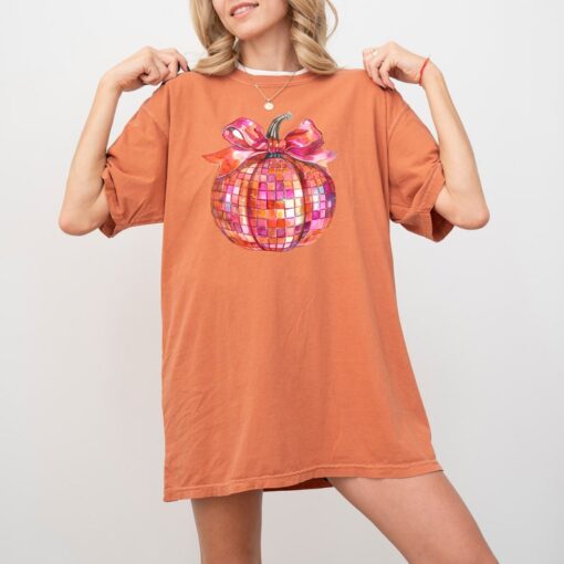 Pink and Orange Disco Ball Pumpkin Comfort Colors T Shirt, Halloween T