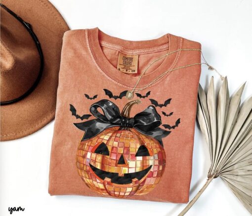 Disco Ball Pumpkin Shirt with Coquette Bow, Women's Halloween Shirt