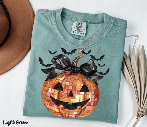 Disco Ball Pumpkin Shirt with Coquette Bow, Women's Halloween Shirt